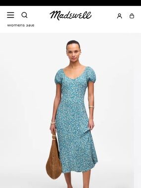 Madewell Teal Blue Floral Puff-Sleeve Midi Dress